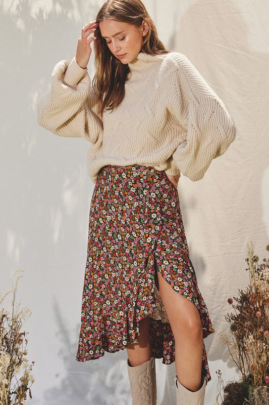 Floral midi skirt with chunky knit sweater casual date outfit