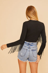 Tara Fringe Bodysuit-Black