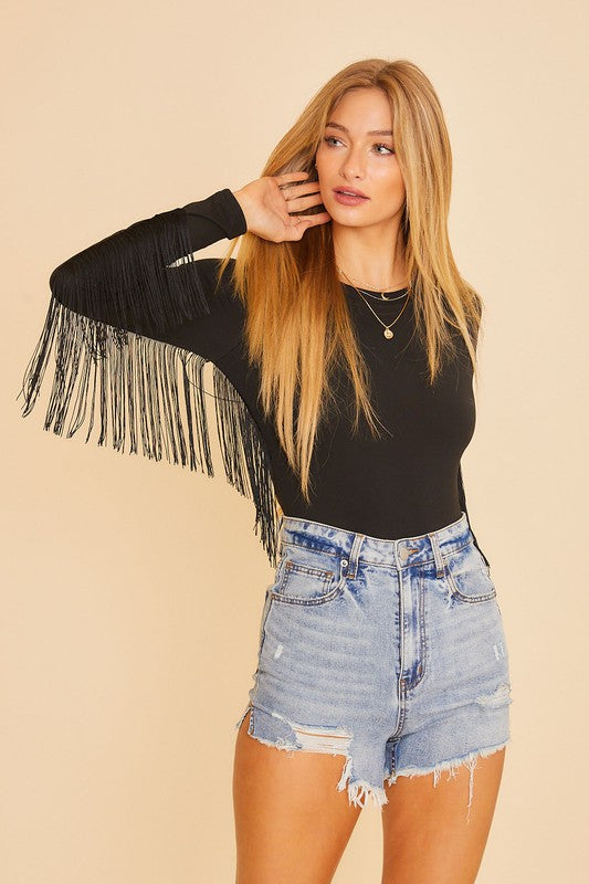 Tara Fringe Bodysuit-Black