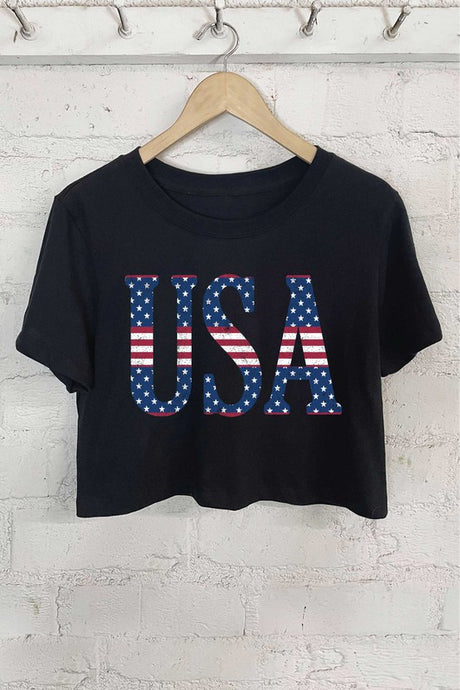 USA Short Crop Top-Black