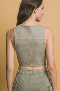Missy Denim Vest-Matcha