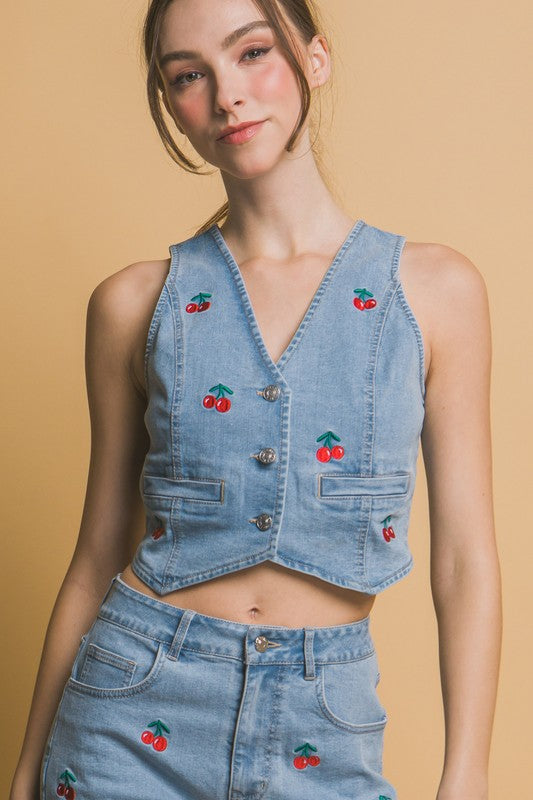 Cherry Denim Vest-Light Denim